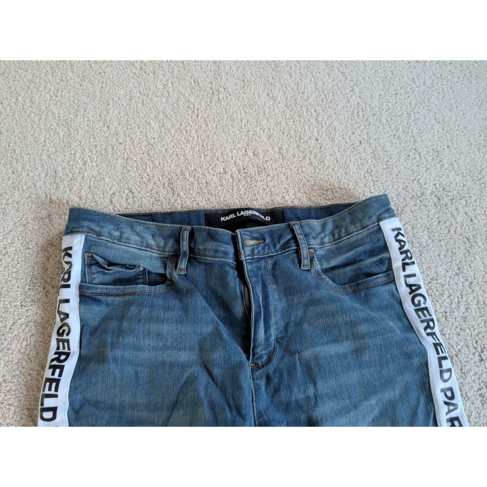 Karl Lagerfeld Blue Denim Side Stripe Straight Leg Pants Womens 12 Logo Tape - Picture 5 of 15